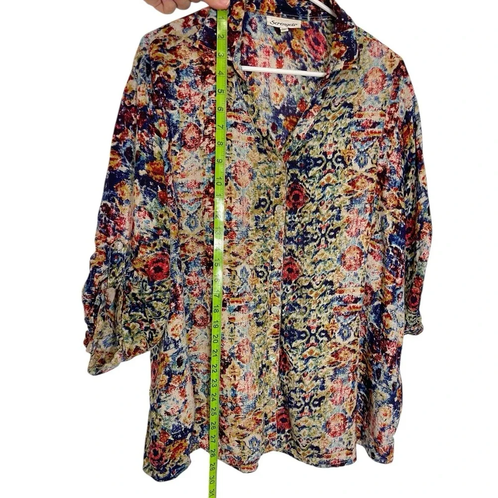 Serengeti 3X Blouse Roll‎ Tab Sleeve Retro Abstract Artsy Print Business Office - Picture 2 of 9